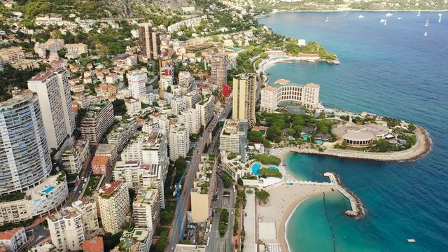 Aerial panoramic view of skyline of Monte Carlo, landscape panorama of Monaco from above, Europe