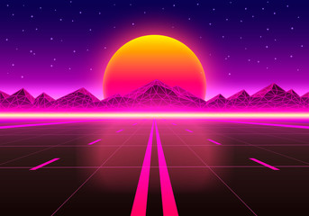 The road to infinity at sunset. Vector illustration