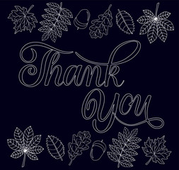Hand sketched Thank you typography lettering poster. Celebration quote for postcard, icon, logo, badge. Autumn vector calligraphy text with falling leaves pattern on blue background.