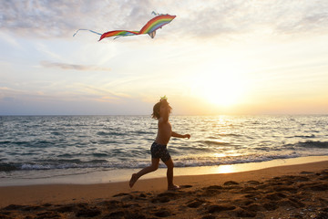 Little boy playing with kite on tropical beach