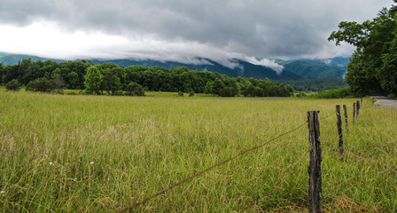 Fototapeta na wymiar Spring In The Smoky Mountains. Spring thunderstorm in the Cades Cove Scenic Area of the Great Smoky Mountains National Park in Gatlinburg, Tennessee.