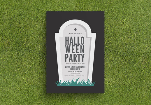 Halloween Party Flyer Layout with Tombstone Illustration
