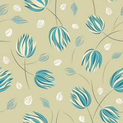 Seamless vector floral pattern with abstract mosaic flowers in pastel blue colors on beige background
