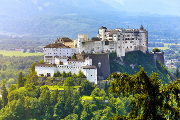 Fortress Salzburg in Austria medieval castle at cliff - obrazy, fototapety, plakaty
