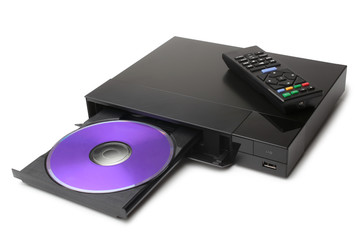 Blue Ray player with disk and remote control on white background