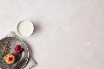 Whole grain cookies with raspberries in a dark rustic plate and milk on pink background. Top view with copy space.