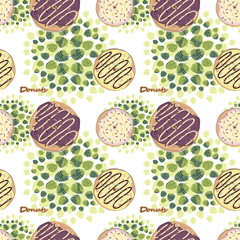 Naklejka premium Seamless pattern of donuts with different glaze against the background of plant leaves