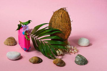 Creative mockup of fresh coconuts, pink suitcase and seashells, isolated on a white background. The concept of travel to tropical countries. Copy space, closeup