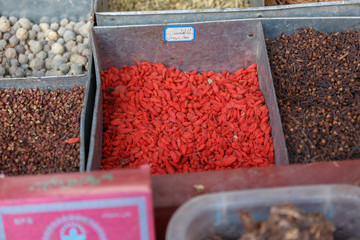 Red raisins at a market in Kashgar (Xinjiang, China)
