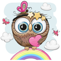 Cute Owl with heart is sitting on a rainbow