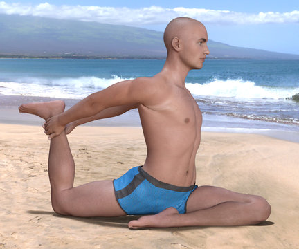 Bald man in blue briefs practising the pigeon or eka hasta pada kapotasana yoga pose on a sandy beach, left leg forward. 3d render.