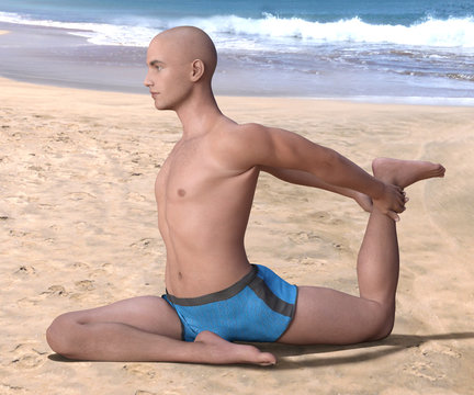 Bald man in blue briefs practising the pigeon, or eka hasta pada kapotasana yoga pose on a sandy beach, right leg forward. 3d render.