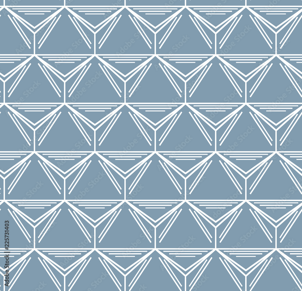 Poster seamless geometric pattern background with lines and triangulars simple lattice. white and blue text