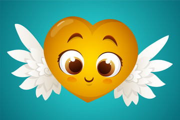 Cute winged golden heart character with happy expression. Vector illustration isolated on blue background.