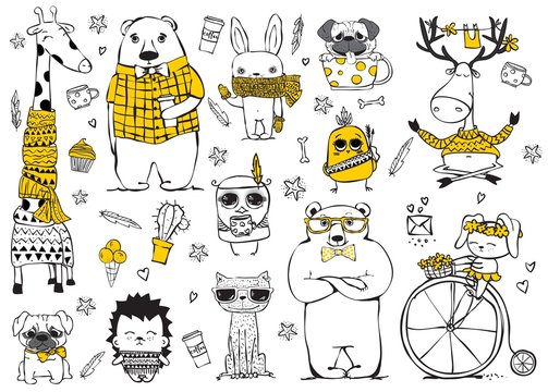 Vector set of cute doodle hipster giraffe, bears, deer, dog, cat, rabbits and tribal owl. Perfect for greeting card design, t-shirt print and kid's poster