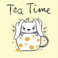 Vector card with cute rabbit in the cup and hand drawn text - Tea time