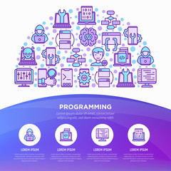 Obraz premium Programming concept in half circle with thin line icons: developer, code, algorithm, technical support, program setup, porting, compilation, app testing, virus. Vector illustration, web page template.