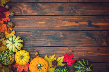 Autumn background with colorful leaves and pumpkins