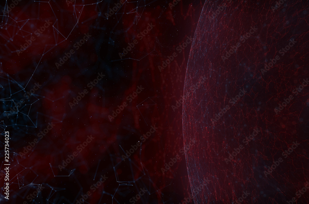 Poster futuristic dark blue and red colored artificial intelligence sphere with lines and dots illustration