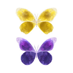 Watercolor colorful butterflies set, isolated on white background. Yellow and purple butterfly illustration. Design for card, invitation, greeting, letter, poster, cover.