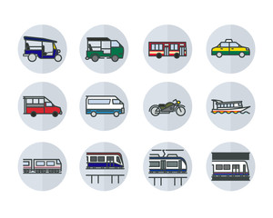 Linear flat design style icons of Bangkok public transportations. Such as Taxi, Tuk-Tuk, Boat, Skytrain. Isolated.