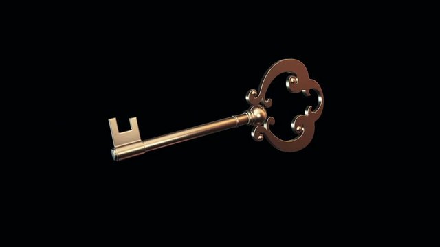 Animation of flying gold key from a new home or abstract lock of safe. Animation of seamless loop.