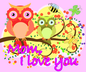 Fototapeta premium i love you mother day greeting card vector with owl graphic