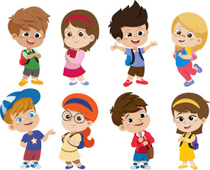 Back to school. Cute kids standing with different pose.