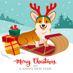 Cute welsh corgi dog sitting on sled wearing reindeer antlers with Christmas gifts around, winter hills with trees in background, snow falling. Christmas for pets, dog lovers theme cards, posters.
