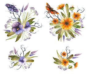 Watercolor floral Halloween compositions. Design for invitations and postcards