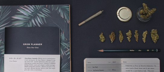 Top view of stationery and cannabis with a joint and jar flat lay - obrazy, fototapety, plakaty