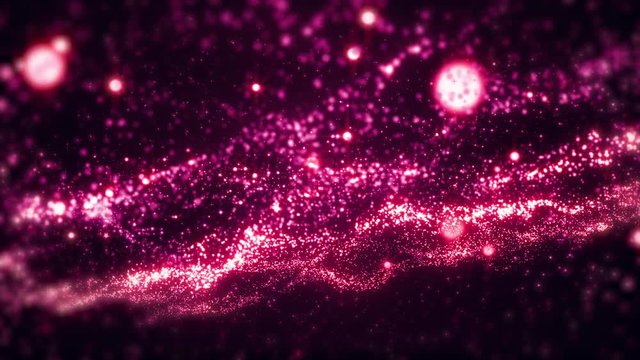 Space pink background with particles. Space purple dust with stars on black background. Sunlight of beams and gloss of particles galaxies.