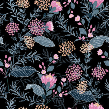 Trendy Seamless Pink Floral And Leaves Pattern In Vector.