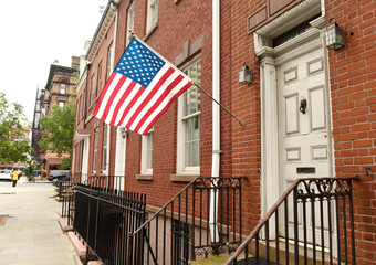 American flag on a building in Brooklyn in New York, USA