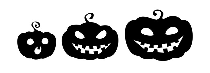 Pumpkin family. Collection of pumpkin cartoon characters silhouettes isolated on white background. Halloween emblems. Vector eps10.