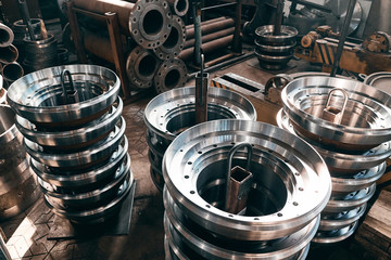 Closeup of round metal flanges