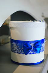 wedding decor. box, jewelry box adorned with ribbons and rhinestones