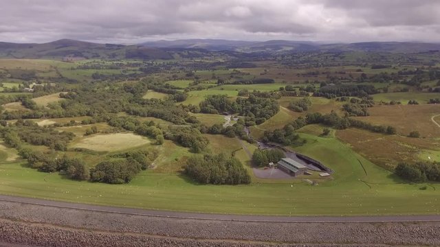 Llyn Celyn, aerial shot looking over the dam towards Welsh countryside.