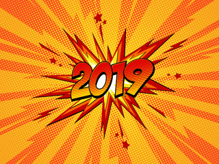 Happy new year 2019 pop art comic festive poster or greetings card with lightning blast and halftone dots.