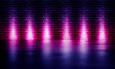 Background of empty room with brick wall and concrete floor. Smoke, fog, neon light