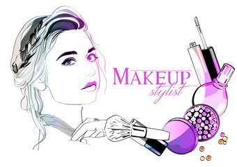 Vector hand drawn illustration of girl and a makeup brush. The concept of beauty labels, cosmetics, cosmetic procedures. Vector image