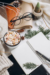 Winter Flat Lay . Hot chocolate or cocoa with marshmallow , cookies, notebook and tartan textured sweater on with  on white background.