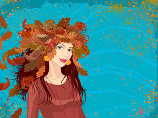 Vector illustration beautiful woman with wreath of autumn leaves on her head - 225744089