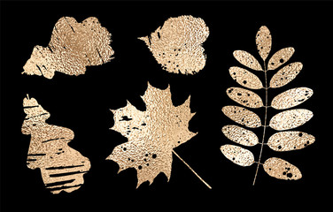 Set of leaves silhouettes with faux gold texture. Vector illustration isolated on black background.