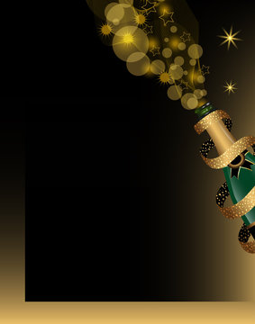 Christmas and New Year background with champagne bottle covered by ribbon with golden glitter. Vector illustration.