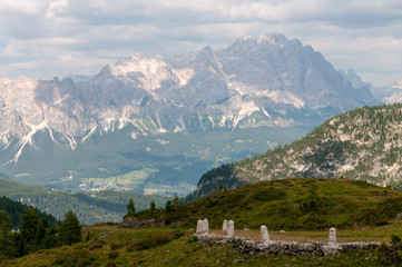 Fototapeta na wymiar Impression of the Passo di Giau, in landscape orientation, on a summer afternoon.