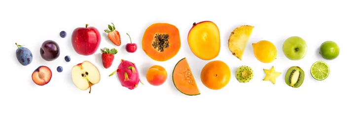  Creative layout made of fruits. Flat lay. Plum, apple, strawberry, blueberry, papaya, pineapple, lemon, orange, lime, kiwi, melon, apricot, pitaya and carambola on the white background. © StudioDFlorez