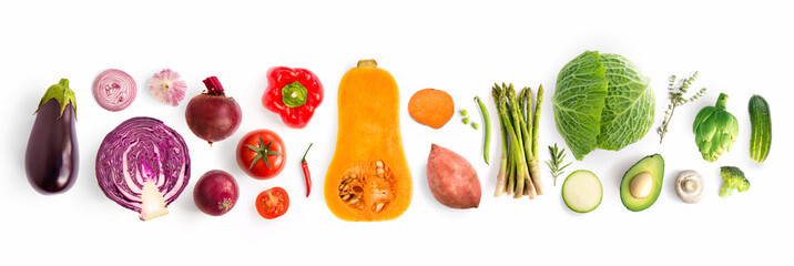 Creative layout made of green peas, cabbage, sweet potato, avocado, tomato, onion, beetroot,...