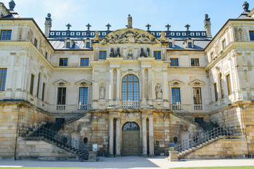 Fototapeta na wymiar Dresden - 18 MAY 2017 - Baroque palace of Palaisteich in Grosser Garten park in Dresden, Germany.