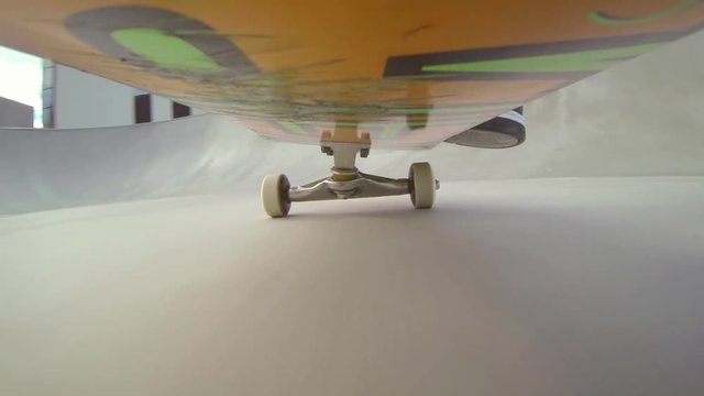 Loop of CAMERA UNDER THE SKATEBOARD: Skateboarding in a skatepark
